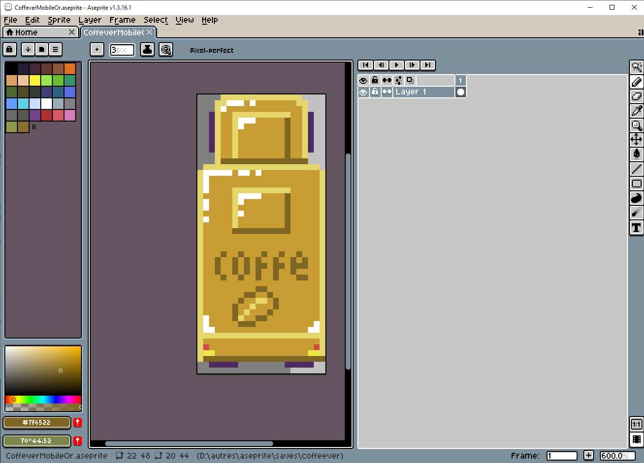 Une capture d'ecran de l'application aseprite (application de pixel art)